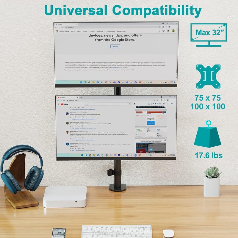 MOUNT PRO Vertical Dual Monitor Stand, Stacked Monitor Mount for 2 Monitors Up to 32 inches, Computer Monitor Arm with Swivel, Tilt, Height Adjustable, Each Monitor Desk Mount Holds up to 17.6 lbs - Image 3